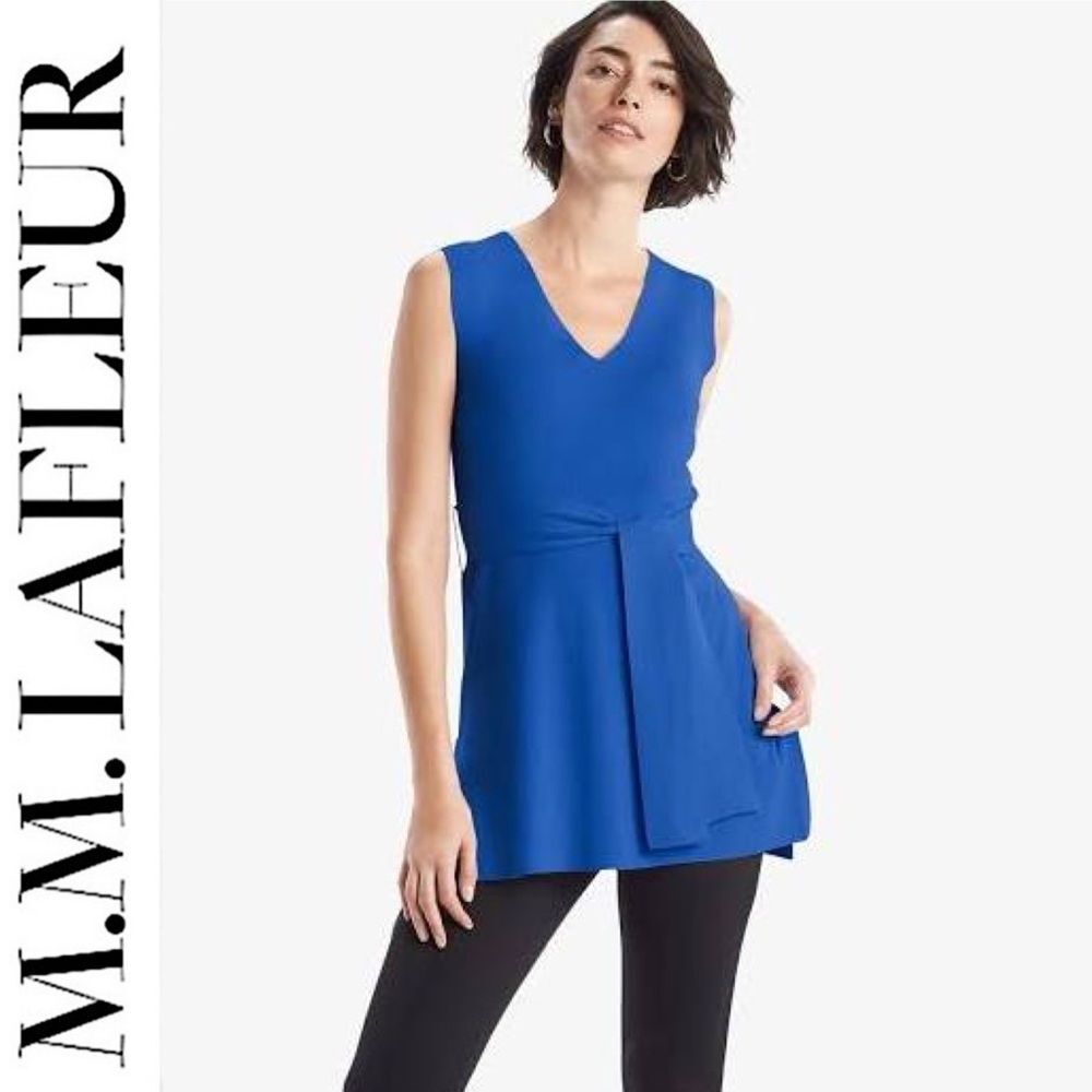 MM Lafleur The Linette Top 365 Knit V-Neck Waist Tie Side Slit Tunic Blue S